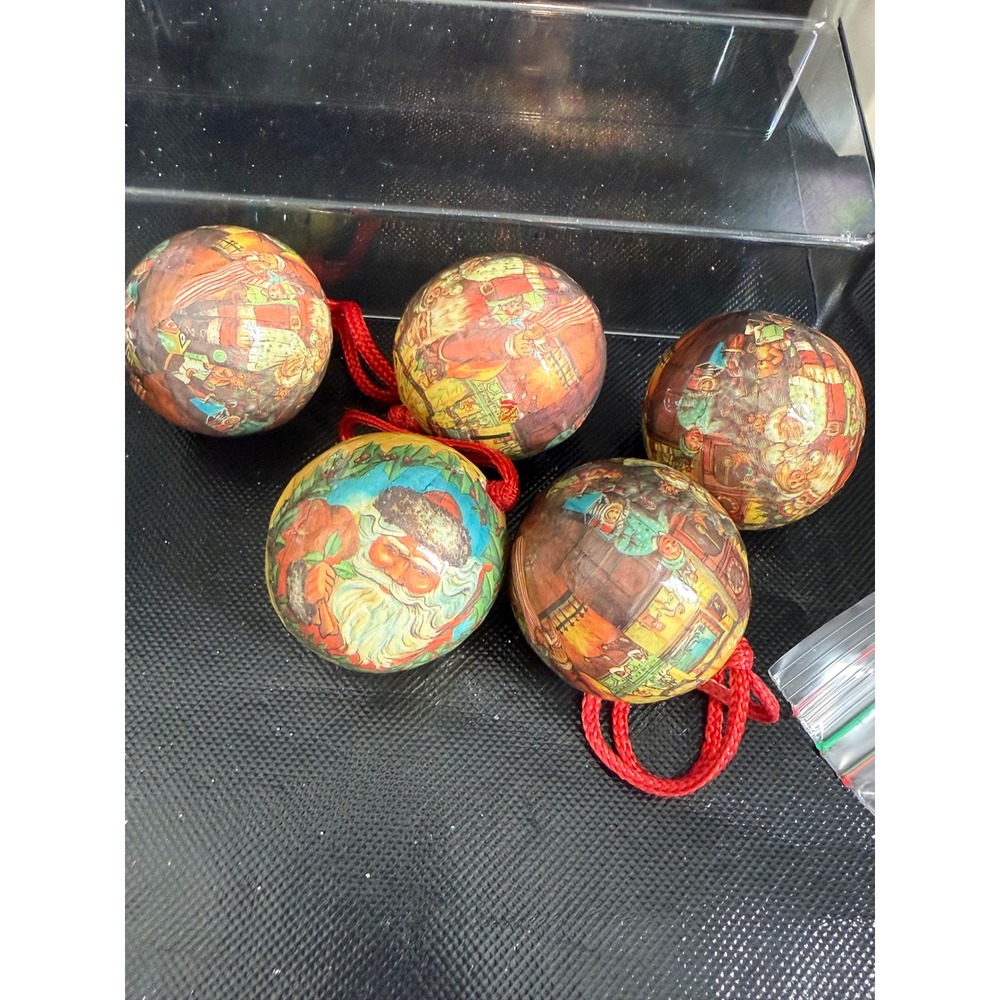 Vintage Style Decoupage Christmas Ornaments Set of 5 Santa Claus Victorian Scene